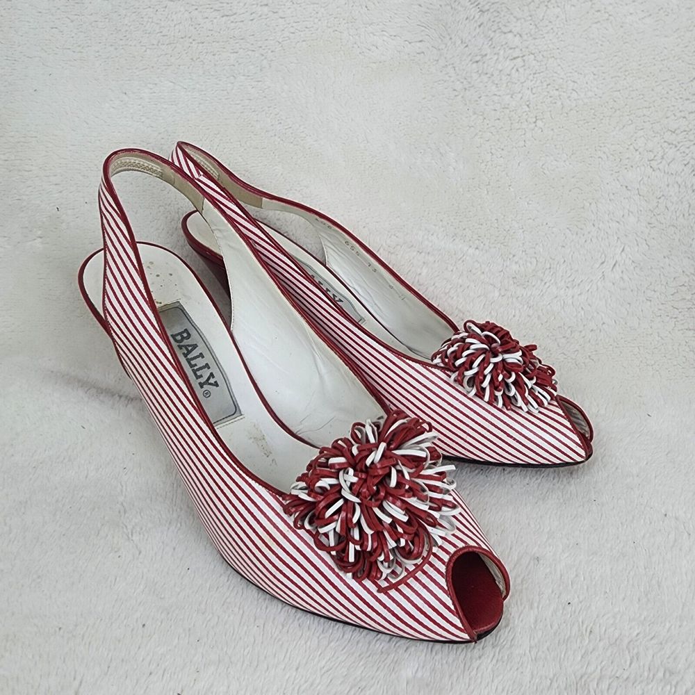 Vintage Bally Womens Slingback Red White Stripes Peep Toe Mid Heel Pumps Size 6M